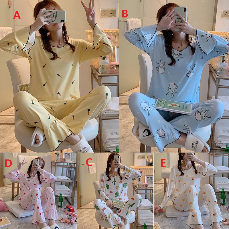 Bộ pijama dài tay , in họa tiết hoạt hình dễ thương cho nữ