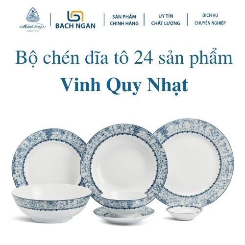 Bộ chén dĩa sứ Minh Long 6 người 24 sản phẩm - Jasmine Vinh Quy Nhạt dùng cho gia đình, sứ đẹp cao cấp dùng đãi khách