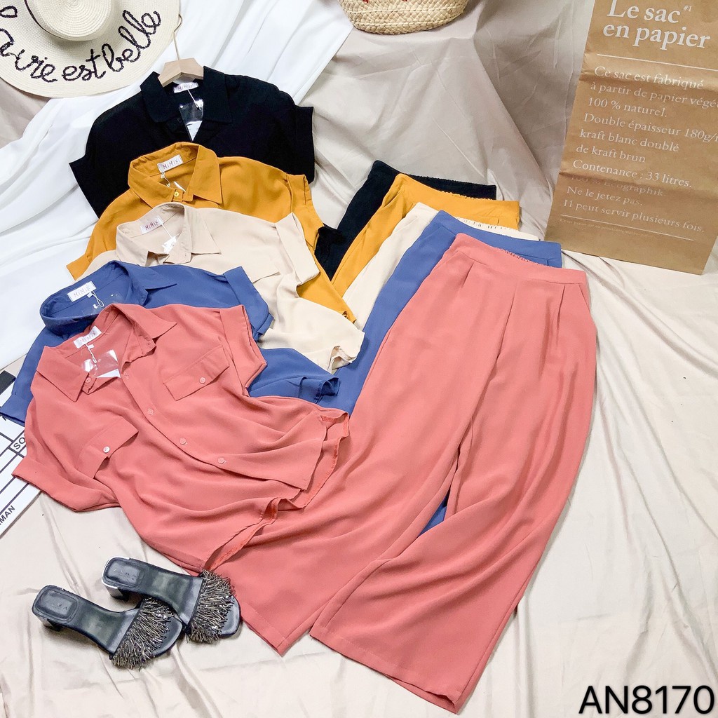 Set quần ống rộng suông nữ lưng cao kèm áo sơ mi chất đũi lụa cao cấp loại 1 trẻ trung sang trọng QD03