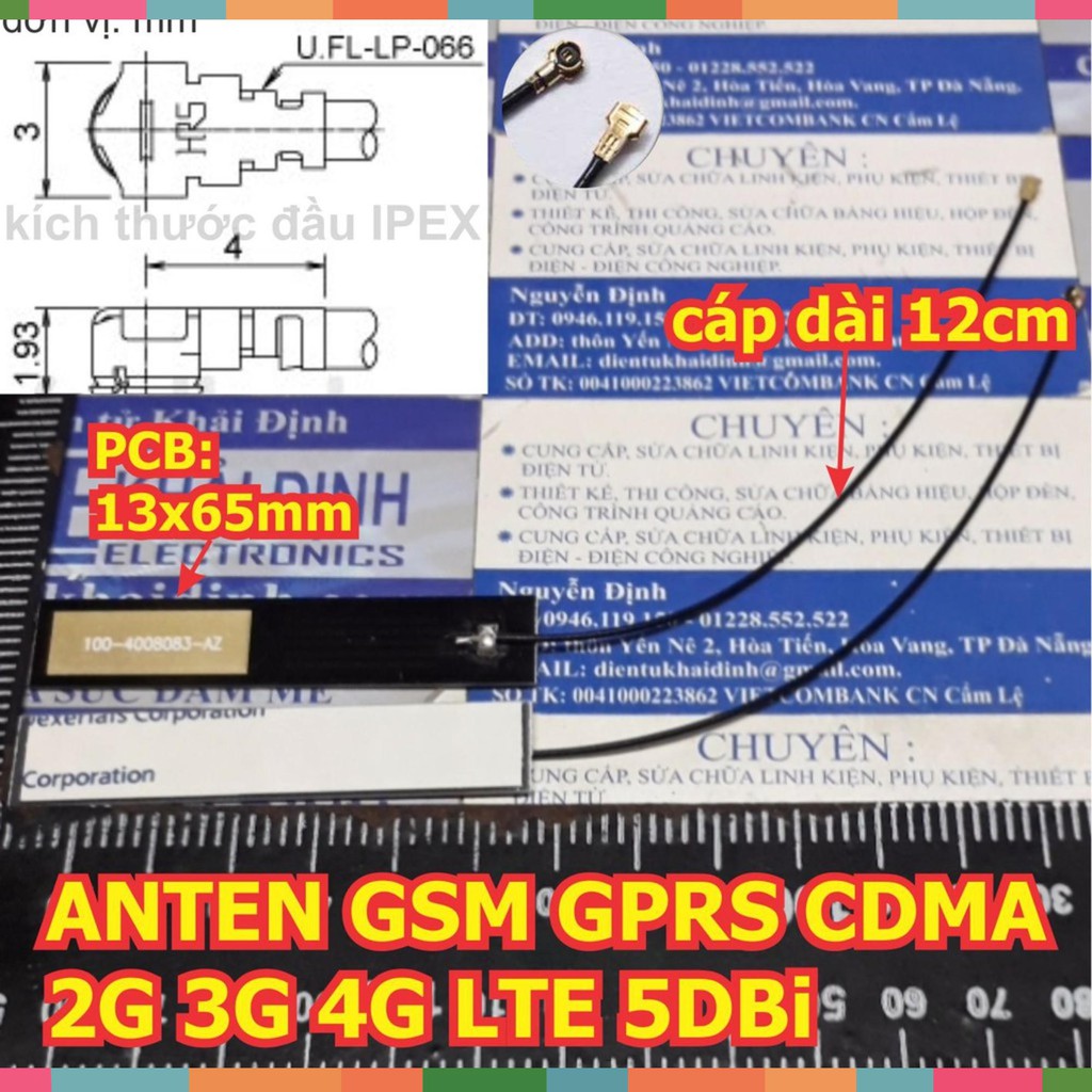 (BÁN NHANH)  2 cái ANTEN GSM GPRS CDMA 2G 3G 4G LTE 5DBi, cổng IPEX, pcb: 13x65mm, DÂY DÀI 12cm kde5352