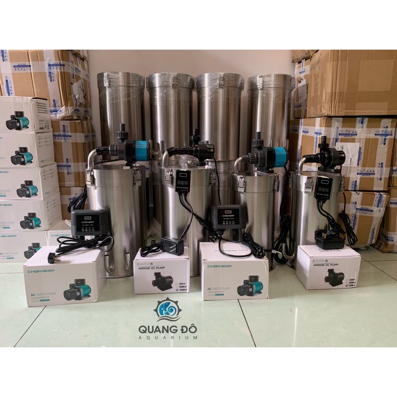 Lọc Inox F220 2 in 1 out - Bơm Marine DC Pump 2500L - Lọc Thùng Inox Hồ Cá Thuỷ Sinh