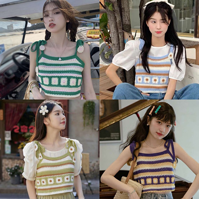 Áo Croptop Dệt Kim Không Tay In Hoa Cúc Màu Sắc Tương Phản Thời Trang Mùa Hè Cho Nữ