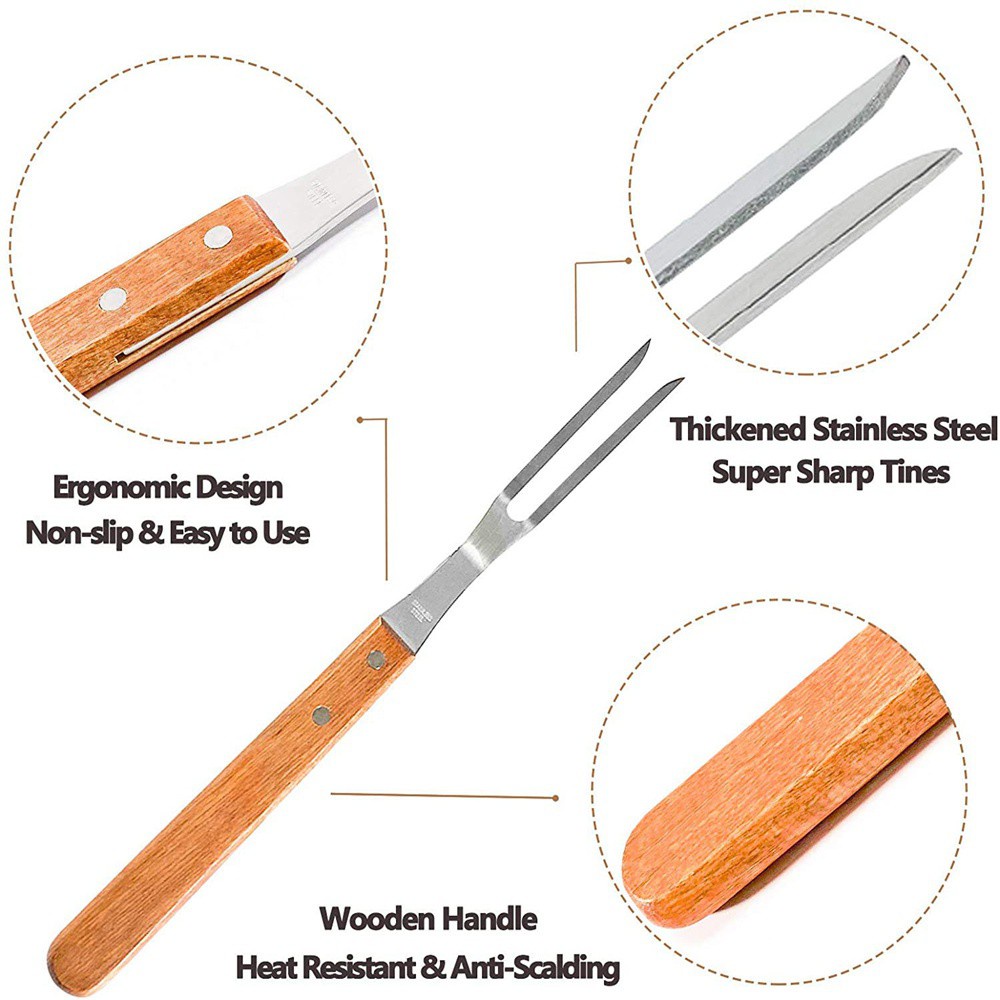 Nĩa Xiên Thịt Gà Bằng Thép Không Gỉ Cán Gỗ Chuyên Nghiệp Cho Nhà Bếp / Nướng Bbq 81