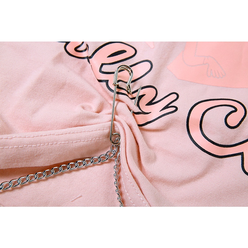 Áo Thun Tay Ngắn Cổ Tròn In Chữ Phối Dây Xích Thời Trang Cá Tính Cho Nữ