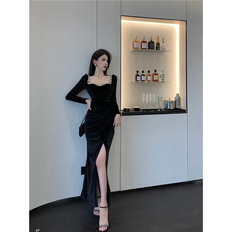 Váy đầm NHUNG body dáng dài, tay dài, cổ ĐÍNH ĐÁ chữ u, tay bồng Hàng Quảng Châu v37263n