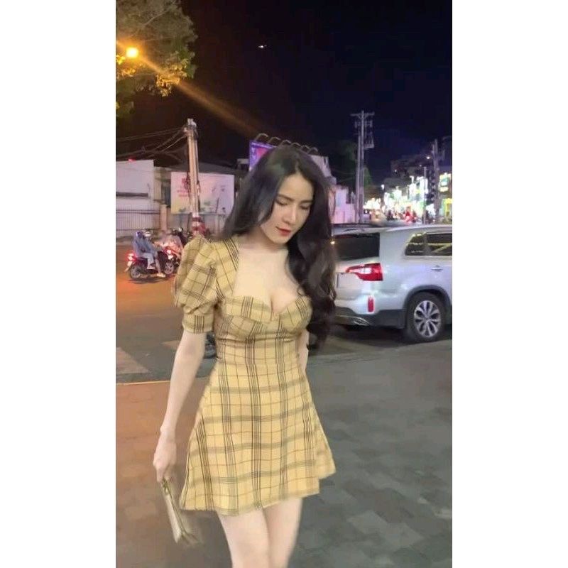 Váy nữ sọc tay búp bê form A  có mút ngực