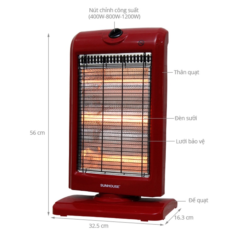 Đèn Sưởi 3 Bóng Halogen Hãng Sunhouse SHD7016 - Máy Sưởi Sunhouse SHD7016, Tốc Độ Làm Ấm Nhanh, Tỏa Nhiệt Đều