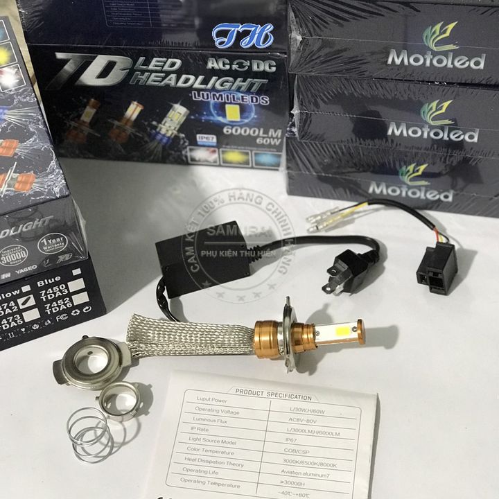 Đèn pha led xe máy siêu sáng H/60W L/30W Motoled Chống Nước IP67 5 Râu Tản Nhiệt Đủ Chân 2in1 T19 H4 Điện Áp AC Và DC