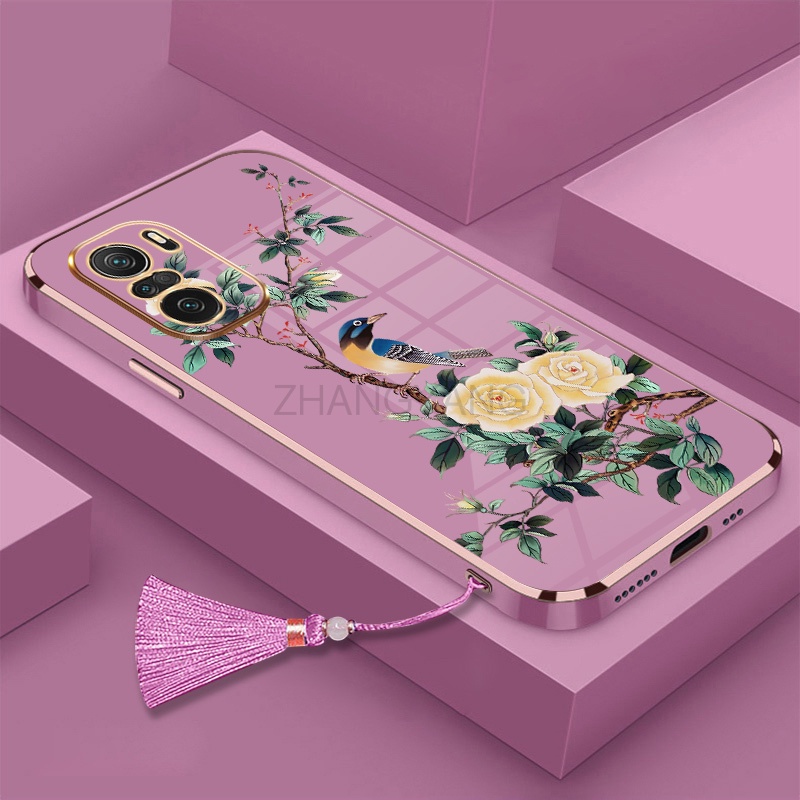 Ốp Điện Thoại Silicon Mềm Mạ Điện Họa Tiết Hoa Và Chim Kèm Dây Đeo Cho Redmi note 10 note 10 pro