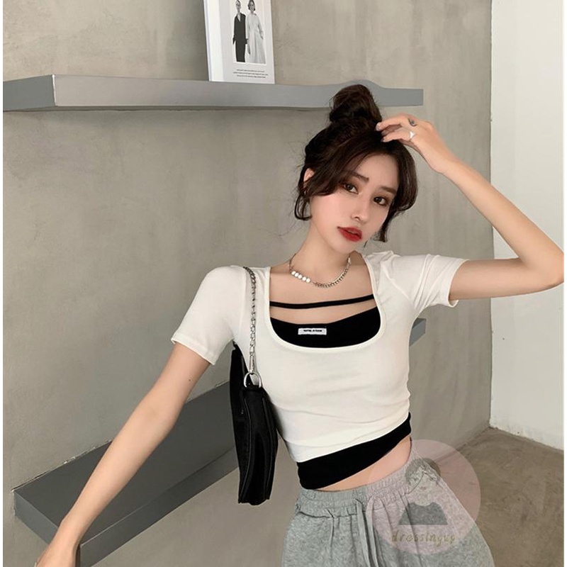 Áo Thun Tay Ngắn Cổ Chữ U Màu Trắng/Đen Cho Nữ