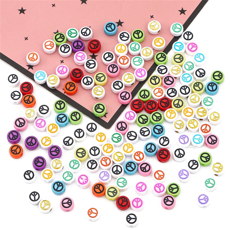 100 Hạt nhựa acrylic xỏ lỗ 7mm họa tiết Peace dùng làm trang sức/ vòng tay/ vòng cổ