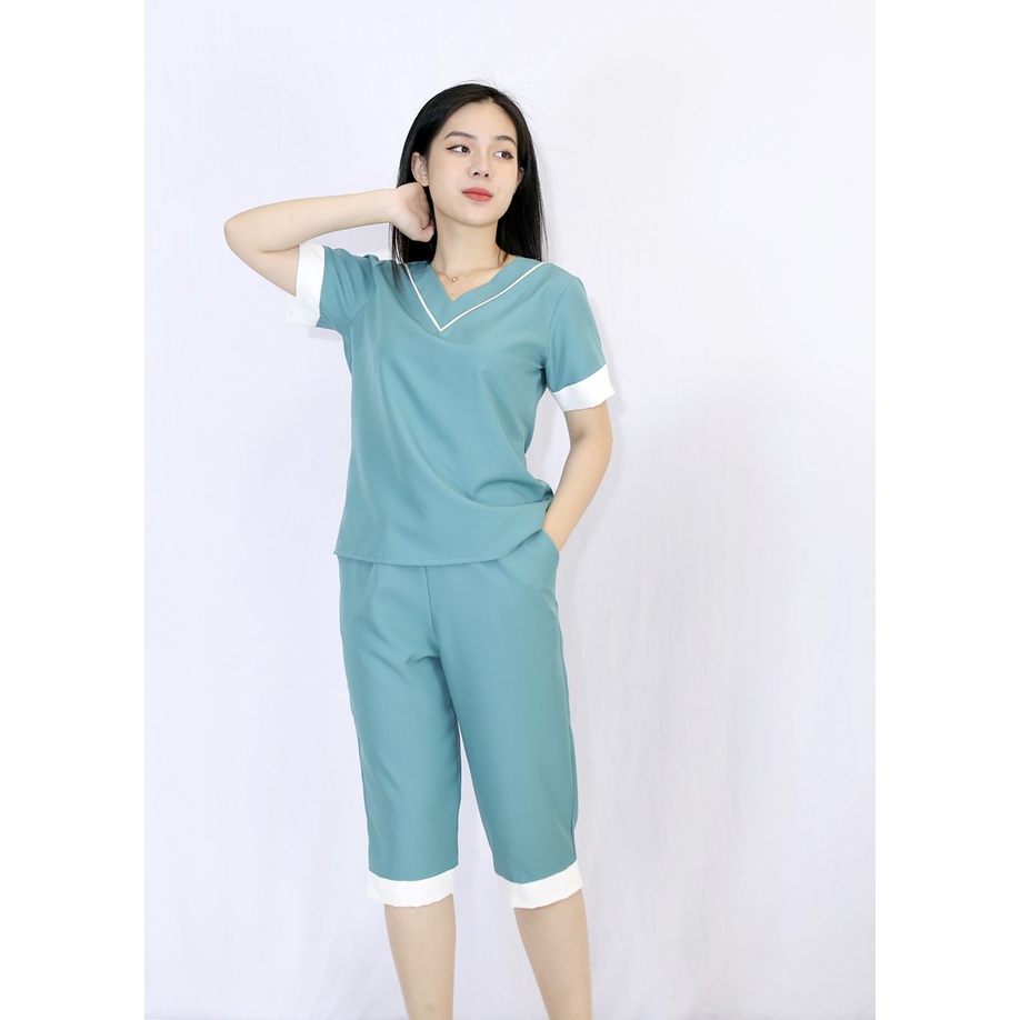 Set đồ bộ pijama nữ L1 XANH ĐÁ cổ tim tay ngắn quần lửng đơn giản sang chảnh