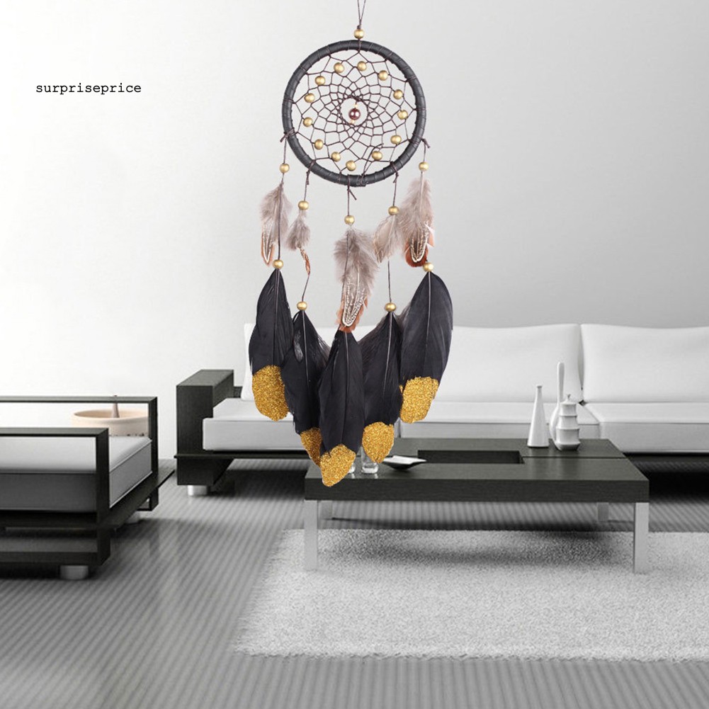 Chuông gió bắt giấc mơ có vòng hạt và lông vũ treo tường xe hơi trang trí của sổ