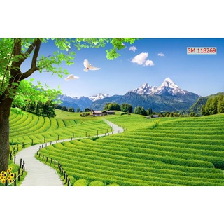 Tranh dán phòng khách in vải lụa độ bền 8 năm- con đường màu xanh( Nhận in theo KT lớn)