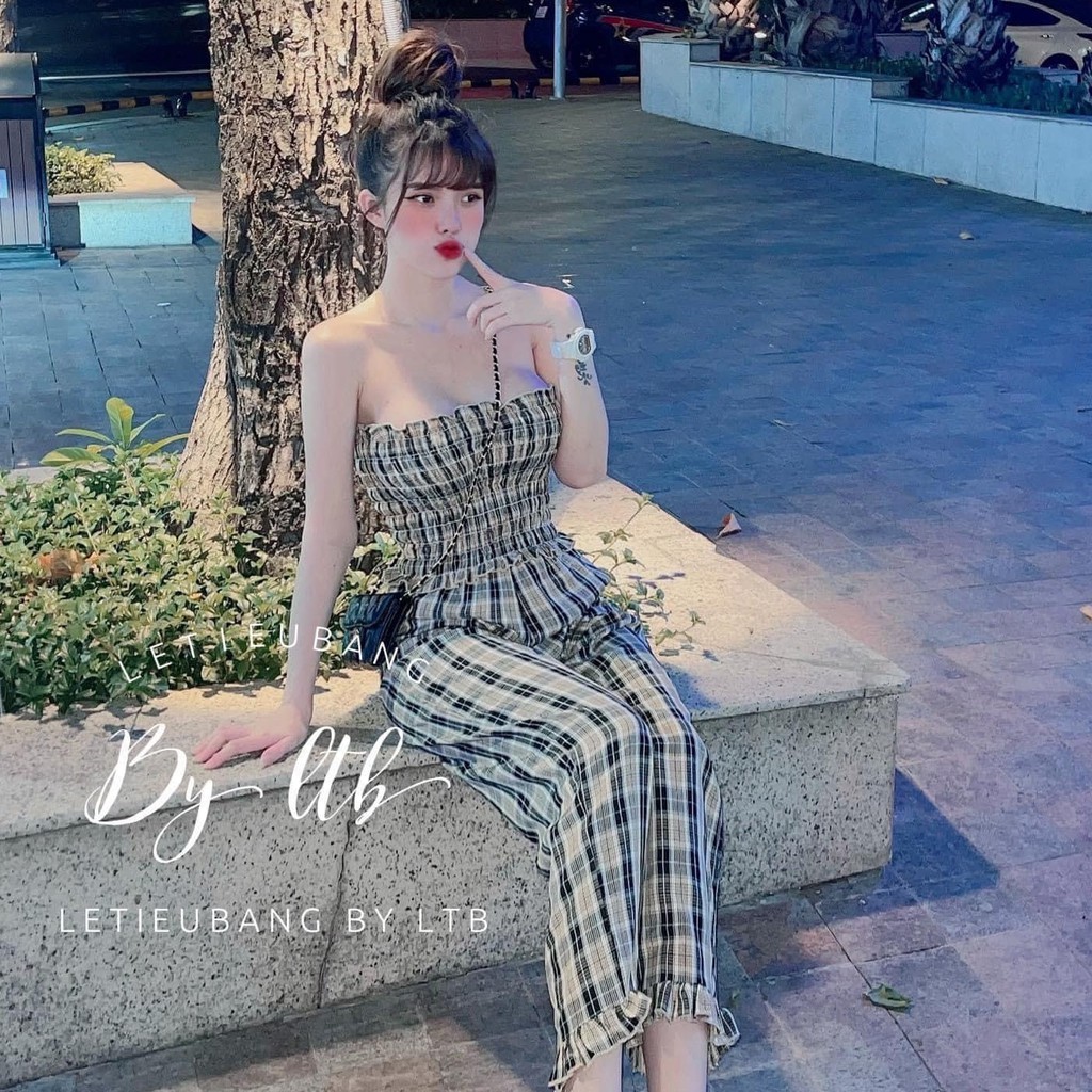 Set Kẻ Chun Ngực Mix Quần Suông