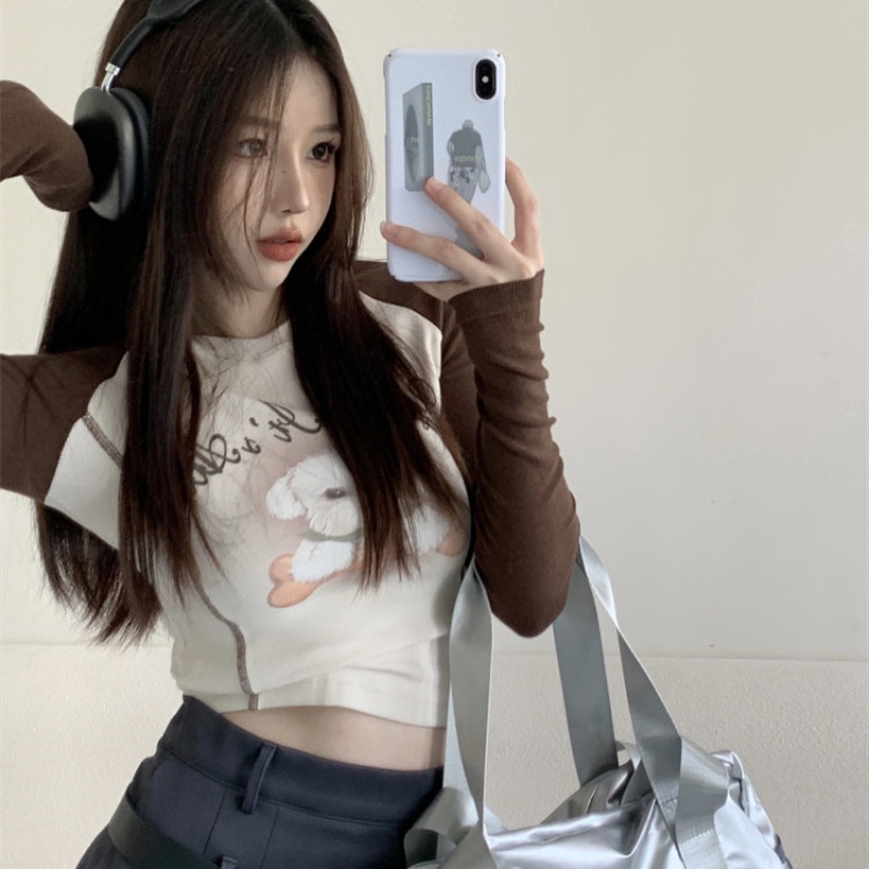 Áo Thun Tay Dài Dáng Ôm Hở Rốn In Họa Tiết Chú Cún Thời Trang Cho Tuổi Teen