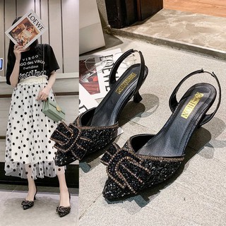 (S139) Giầy cao gót chun sau đá đen tag nơ (Mã 159)