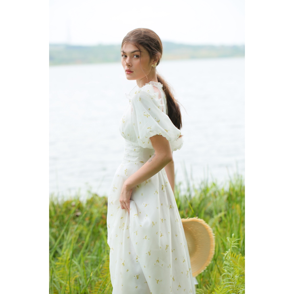 SÒ VINTAGE - DAISY Váy maxi hoa tay phồng phối lưới