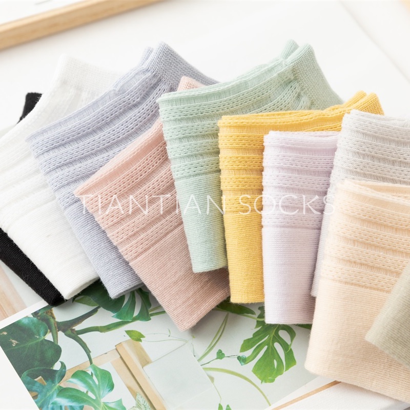 TIAN TIAN T216 Tất nữ ngắn cổ Vớ Cotton Phối Lưới Mỏng Thoáng Khí Màu Macaron Phong Cách Nhật Bản Dễ Phối Đồ