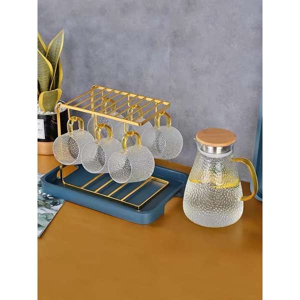 BỘ BÌNH 6 CỐC THUỶ TINH VÂN NHÁM QUAI VÀNG KÈM GIÁ TREO VÀ KHAY XANH CAO CẤP