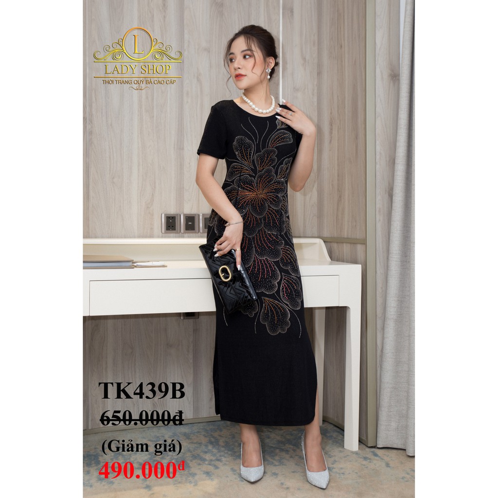 Thời trang trung niên -  Đầm quý bà cao cấp - Ladyshop - Sườn xám nhũ đen bông hoa đá to TK439
