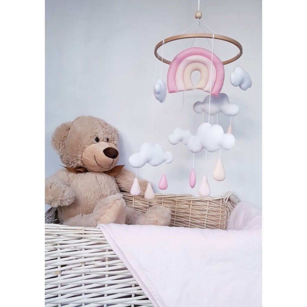 Đồ chơi treo nôi cho bé kích thích thị giác ảnh thật, có nhạc tự xoay mẫu CẦU VỒNG HỒNG