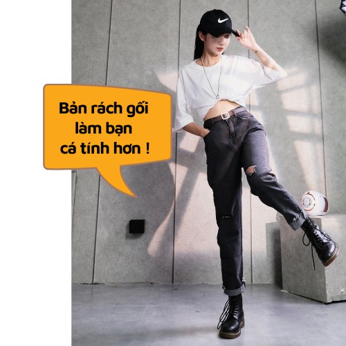 Quần Baggy Jean Nữ (Có Cả Bản Trơn Và Rách Gối) Cạp Cao Màu Đen Xám Khói Ôm Eo, Che Khuyết Điểm Thương Hiệu GUF