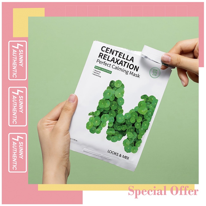 10 Miếng Mặt Nạ Tinh Chất Rau Má LOOKS & MEII  Cho Da Dầu Mụn Centella Relaxation Perfect Calming Mask 30g