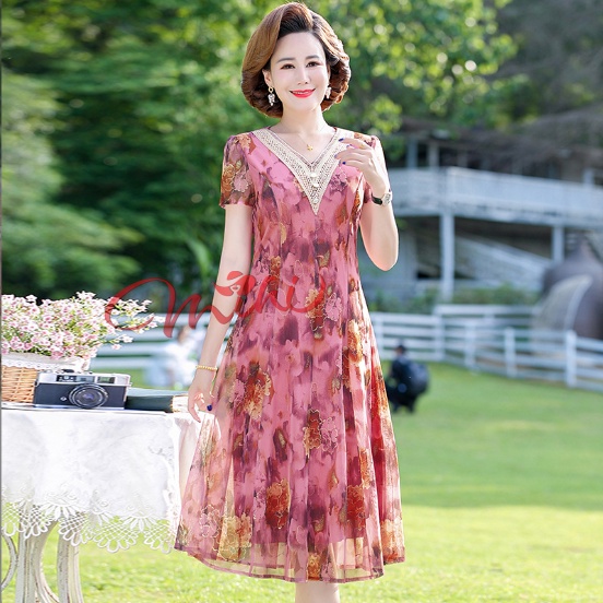 Váy Đầm trung niên nữ cho mẹ phối hoa cao cấp V81a- Áo đầm kiểu thời trang dự tiệc dạ hội đẹp cho người lớn tuổi Bigsize