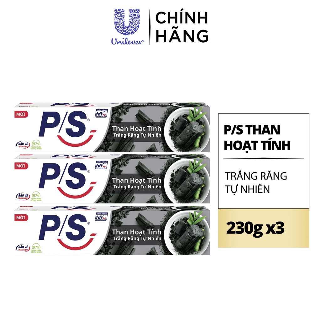 Bộ 3 Kem Đánh Răng P/S Than Hoạt Tính Răng Trắng Hơn Sau 7 Ngày 230g/hộp