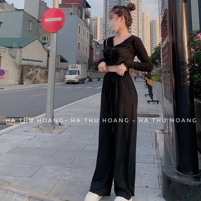 Set bộ croptop nữ thun gân mix quần ống rộng nữ cổ V đồ bộ nữ thể thao