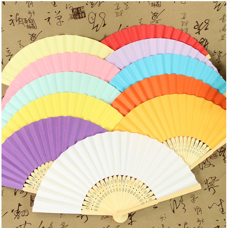 Quạt giấy trắng xanh xếp cầm tay phong cách Trung Quốc cổ trang nhiều màu xinh xắn dễ thương cam hồng đỏ