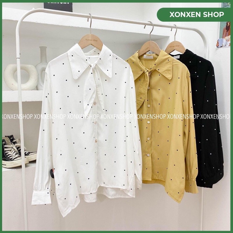 ÁO KIỂU ĐẸP ÁO KIỂU CHẤM BI NƠ CỔ DÀI TAY XONXEN ĐĂK LĂK FREE SIZE MÃ 262