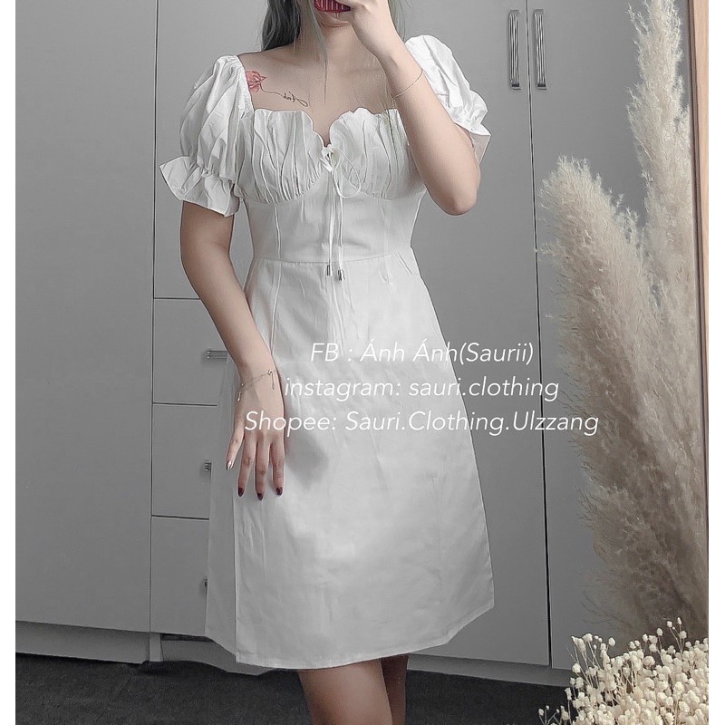 🖤Váy bánh bèo trắng thô tay phồng đầm thư cổ vuông thắt dây ngực dạo phố xinh xắn ulzzang vintage retro dễ thương