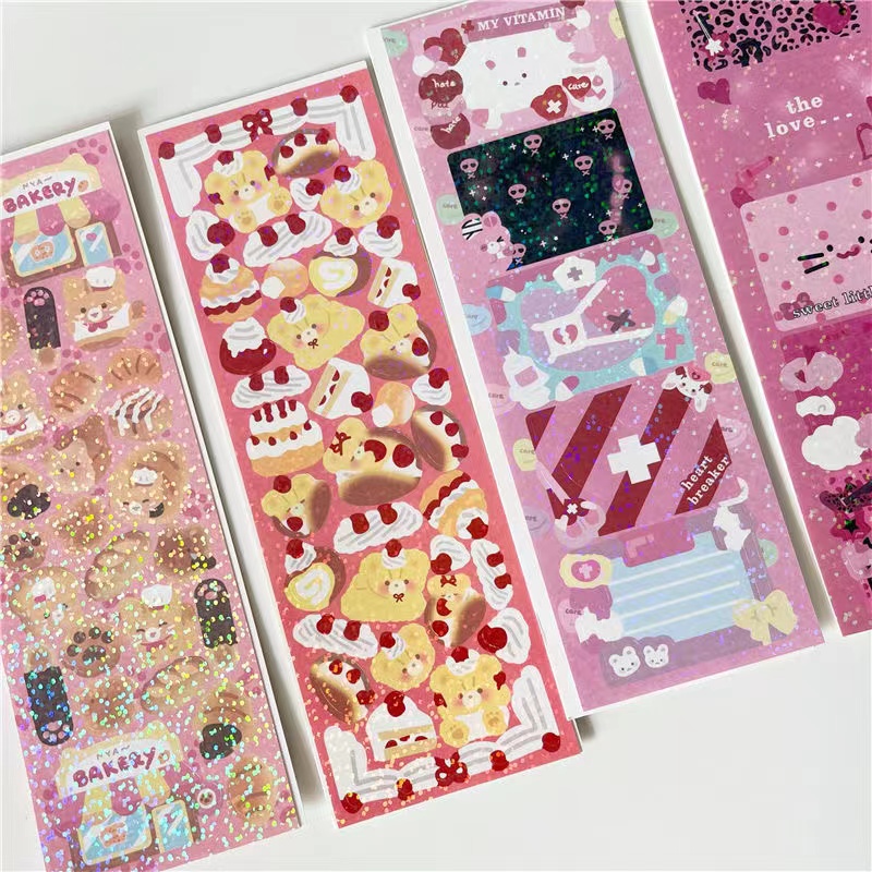 Peach 1Pcs Korean INS cartoon cat Bear fries burger sticker Journal Scrapbook Decor Sticker
