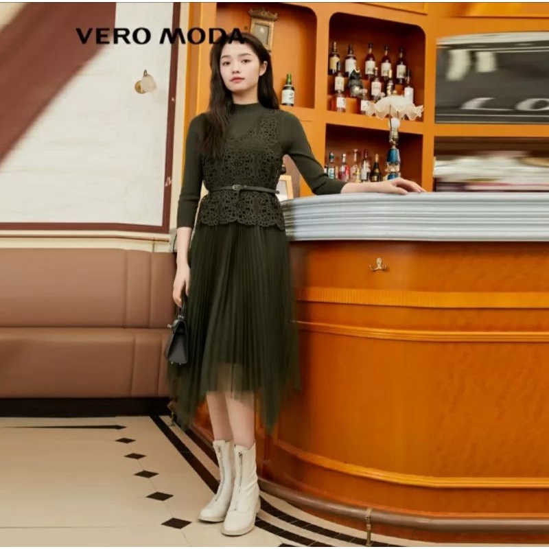 Vero Moda Set Đầm len ghép lưới kèm áo gi-lê kèm và dây thắt lưng