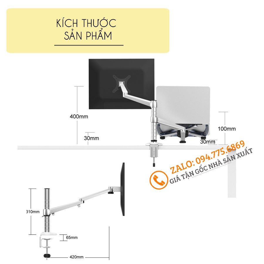 Giá Treo Màn Hình 17 - 23 - 27 - 29 - 32 Inch Kèm Kệ Đỡ Laptop 10 - 15.6 Inch - Hợp Kim Nhôm Cao Cấp - Model: OA - 7X