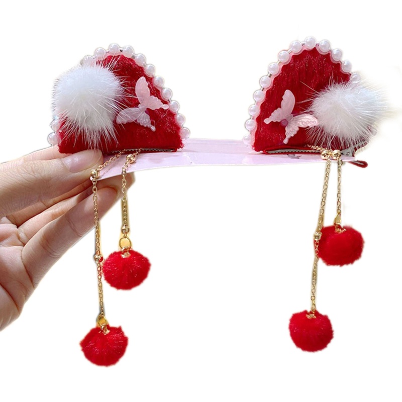 Kẹp Tóc Đính Bóng Lông Tua Rua Phong Cách Cổ Điển Mừng Năm Mới