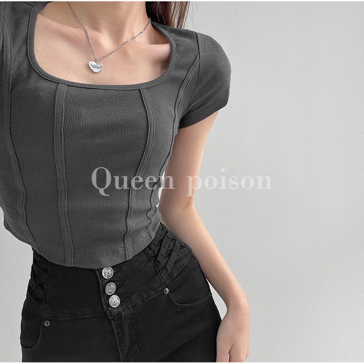 Áo thun COZOK tay ngắn cổ vuông thiết kế ôm phong cách cổ điển thời trang