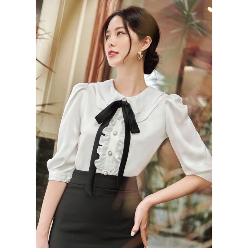 Áo sơ mi kiểu phối nơ G87 chất liệu mát, hàng thiết kế đẹp dễ phối hợp với chân váy hay quần thời trang các loại GEM.VN