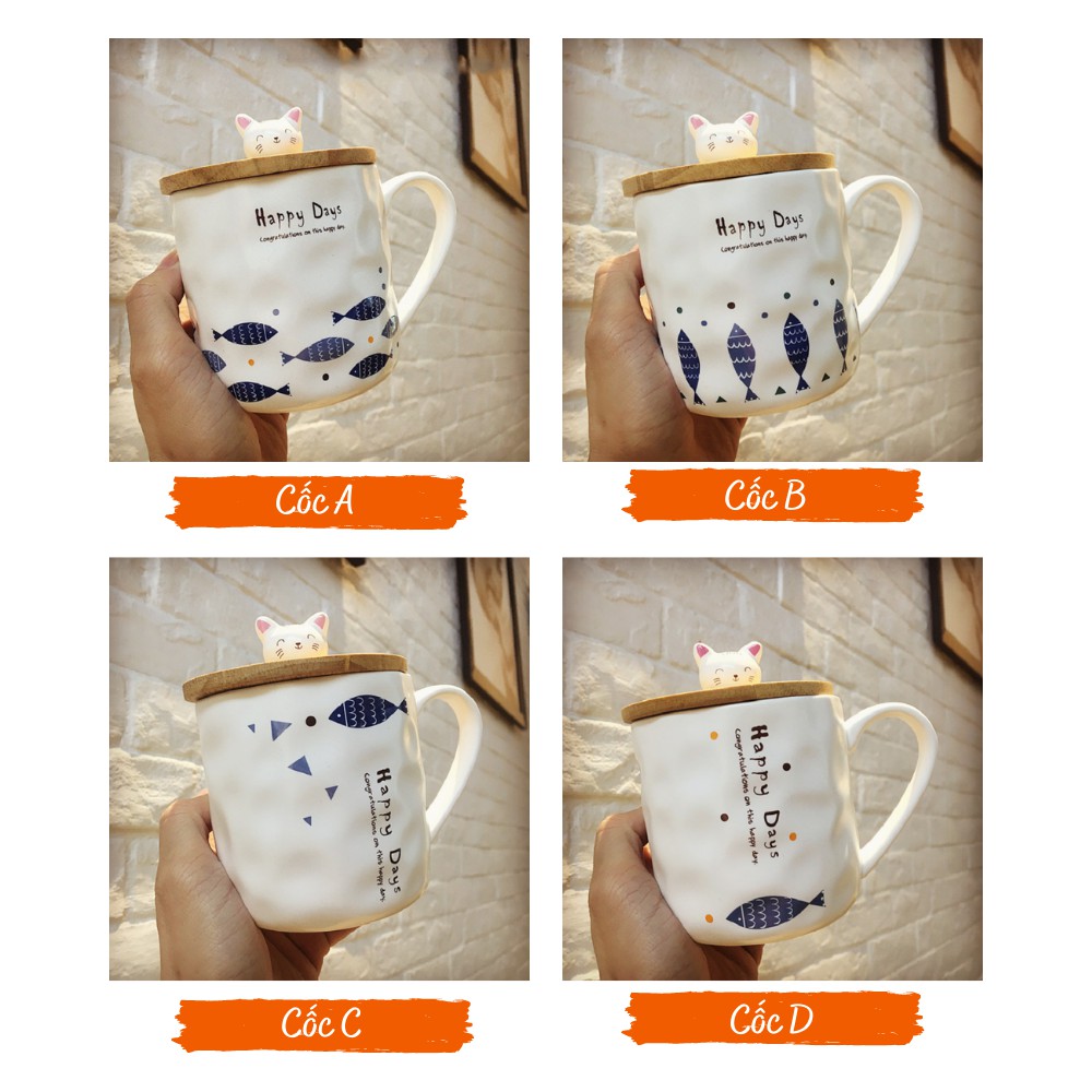 Ly sứ uống nước Happy Days dễ thương 400ml, cốc sứ có nắp đậy uống cafe kèm thìa | BigBuy360 - bigbuy360.vn