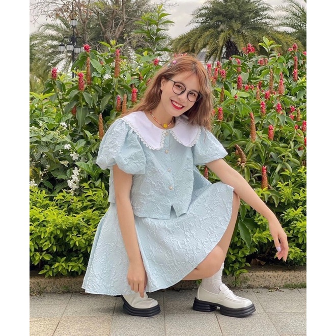 (ẢNH THẬT) SET XỐP ÁO CỔ BÈO KÈM CHÂN VÁY