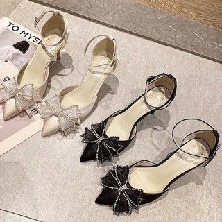 Giày mũi nhọn SWEETC cao gót phối nơ cho nữ