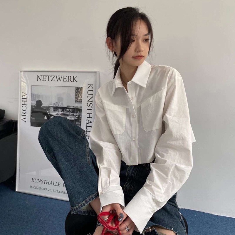 Áo Sơ Mi Nữ Croptop Thiết Kế Dài Tay Form Rộng Phối Túi Ngực Phong Cách Ulzzang Thời Trang Sugal SO MI NU 029V3