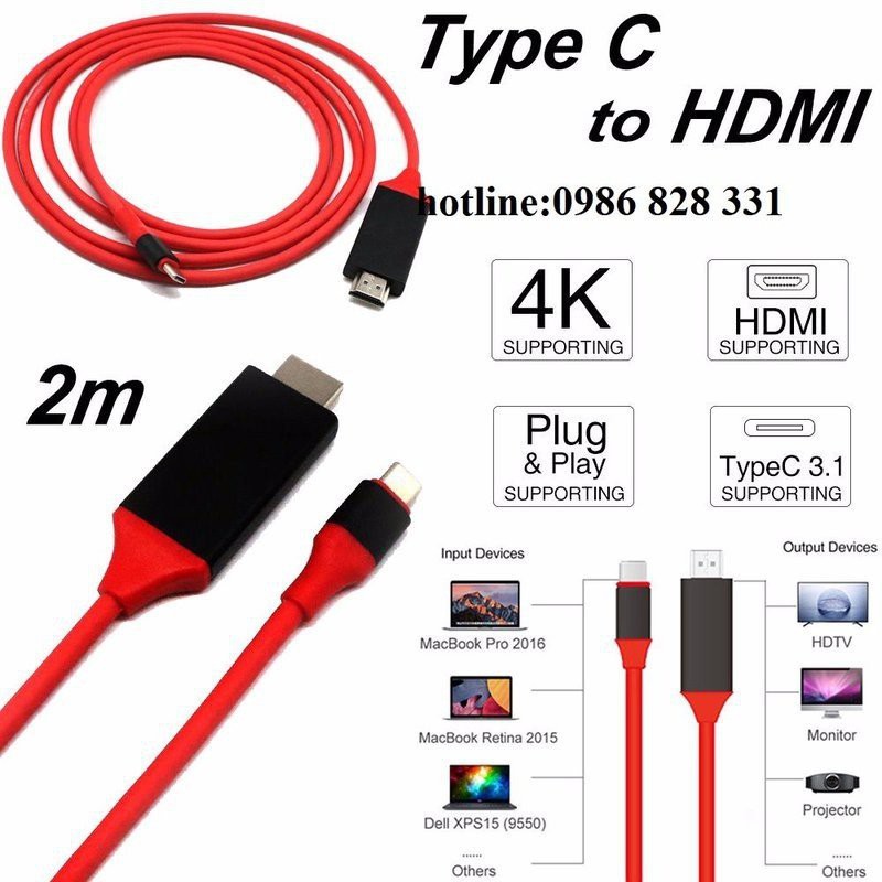 Cáp HDMI 4K Type-C chuyển tín hiệu từ Samsung S8 lên tivi [GiaSi114]