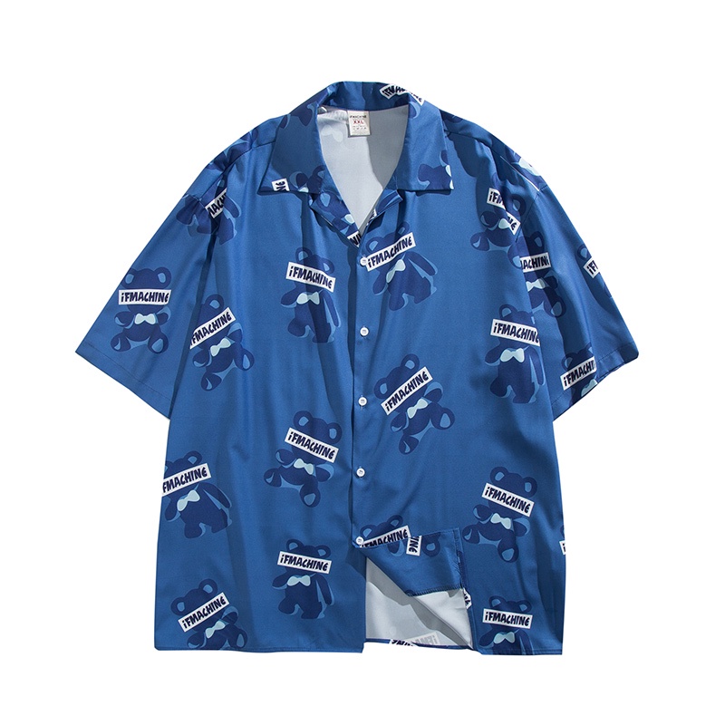 Áo Sơ Mi Tay Ngắn Vải Lụa Lạnh In Hình Gấu Toàn Diện Kiểu Hàn Quốc Cá Tính Cho Cặp Đôi