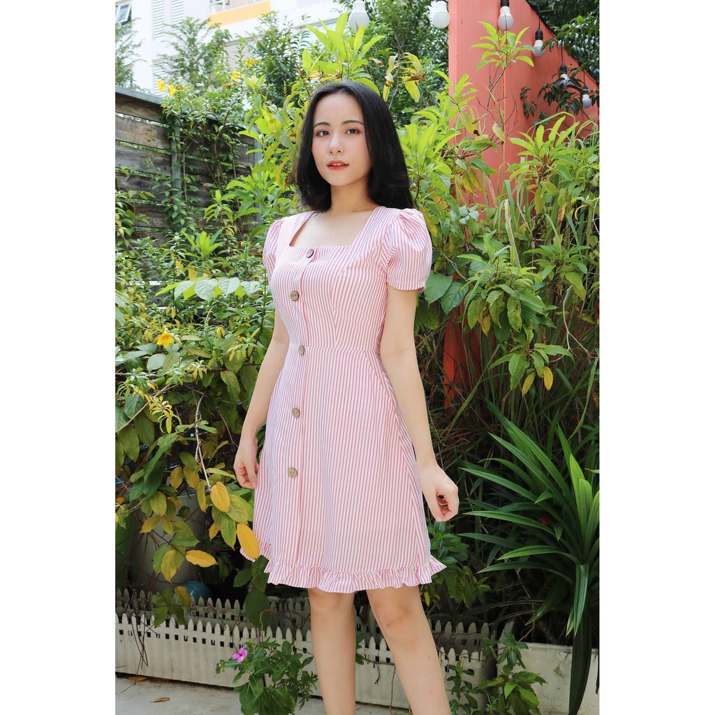 Đầm công sở nữ cổ vuông kẻ sọc thiết kế dáng a đuôi cá tay ngắn trẻ trung thời trang phù hợp đi làm đi chơi – Lux W