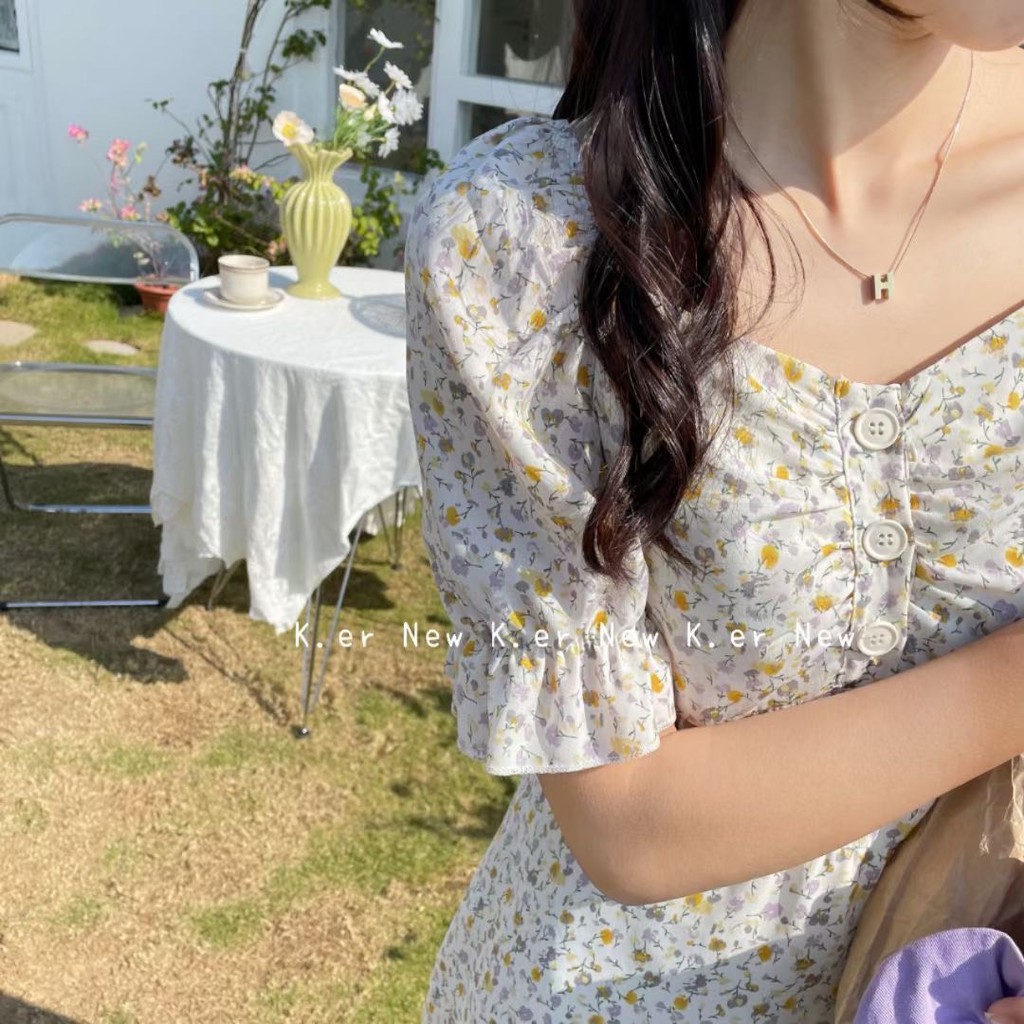 Váy hoa nhí cúc ngực dáng ngắn VKE1009-1 Ulzzang style🌸 Hàng Quảng Châu