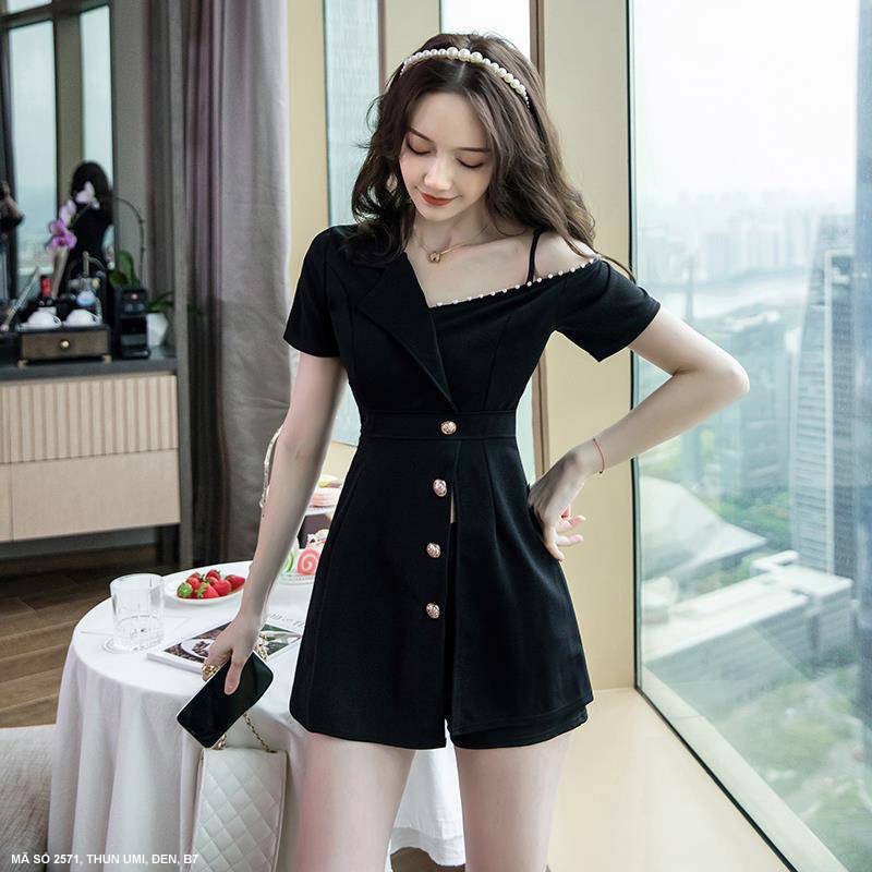 (Có bigsize) Set bộ áo giả vest phối trễ vai thiết kế và quần đùi ngắn cho bạn nữa mặc dạp phố