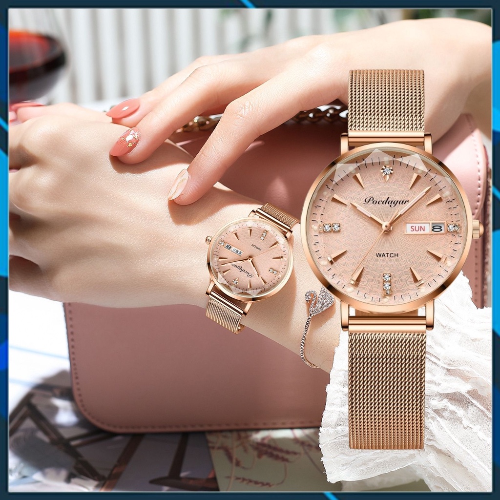 Đồng Hồ Nữ Dây Thép Lưới Cao Cấp Poedagar P312 Mặt Cắt Kim Cương Nữ Tính Sang Trọng HIWATCH